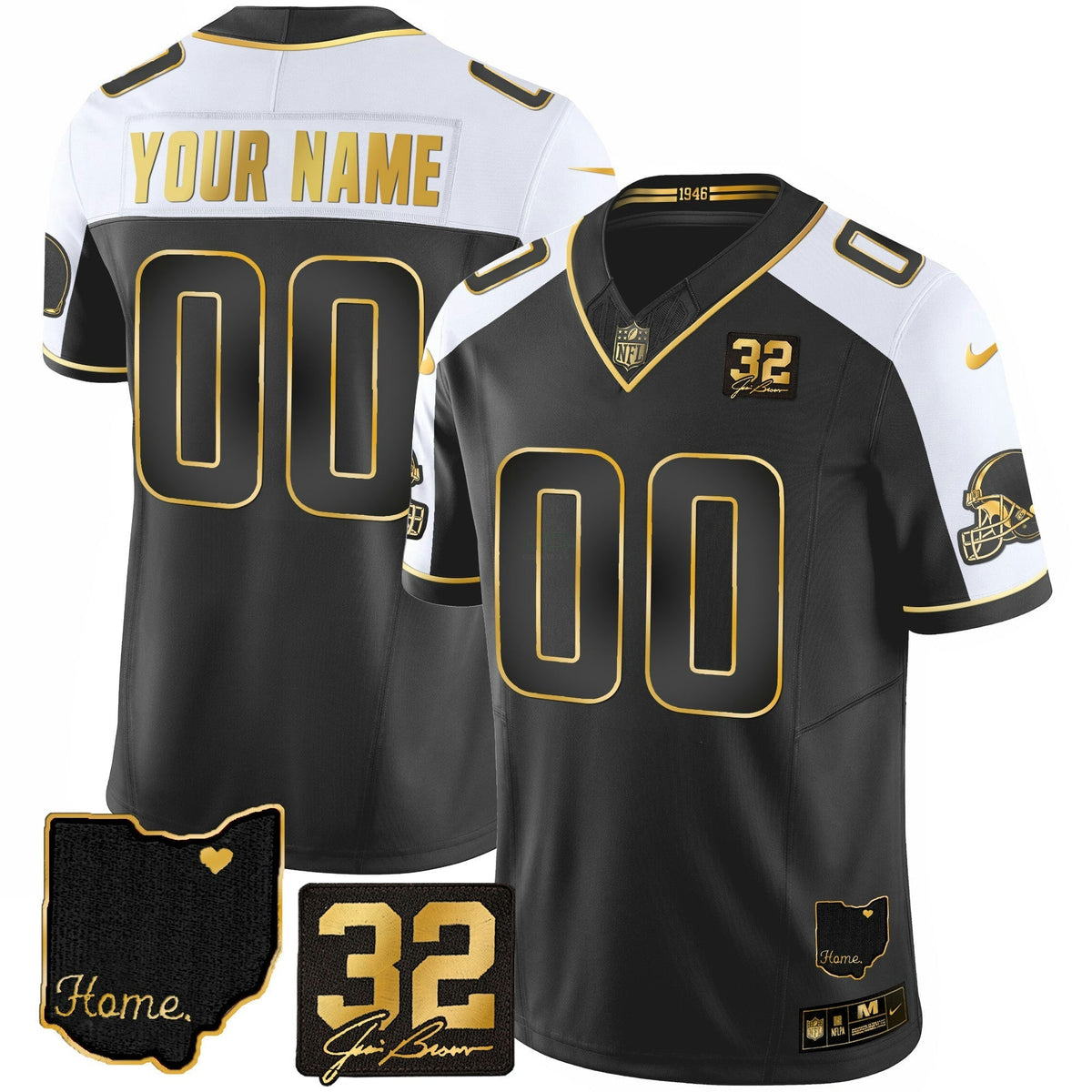NFL #32 Jim Brown Memorial & Home Patch Gold Jersey