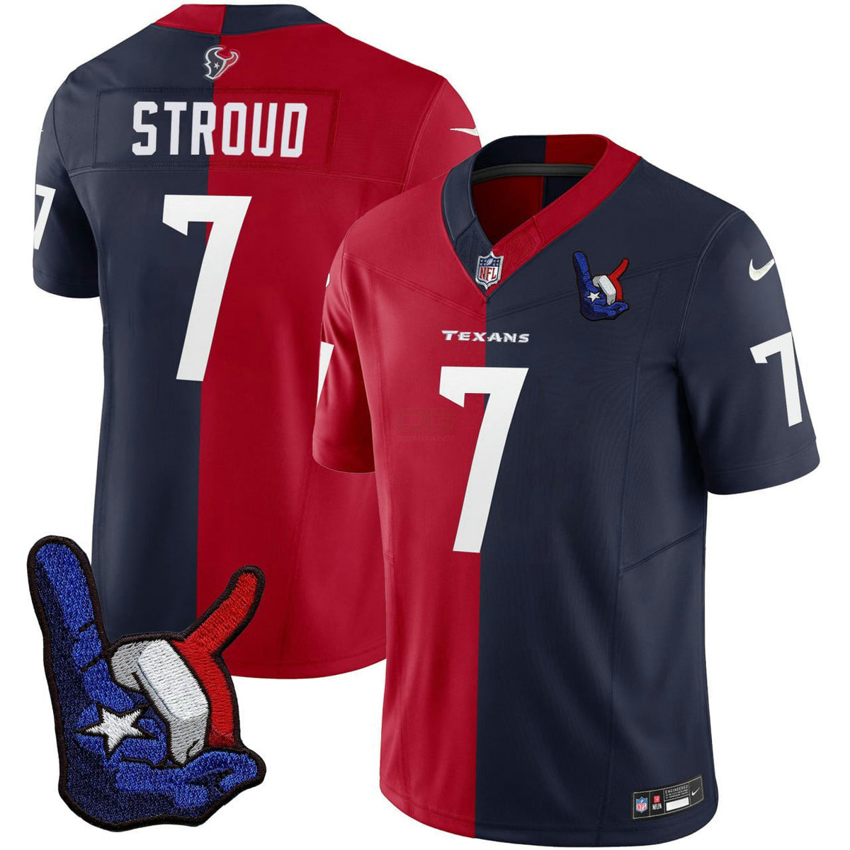 NFL C.J. Stroud Houston Split Red Navy Blue Hand Sign Patch Jersey