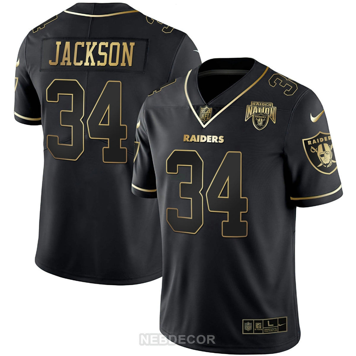 NFL Las Vegas Raiders Men’s Raider Nation Patch White Gold and Black Gold Jersey