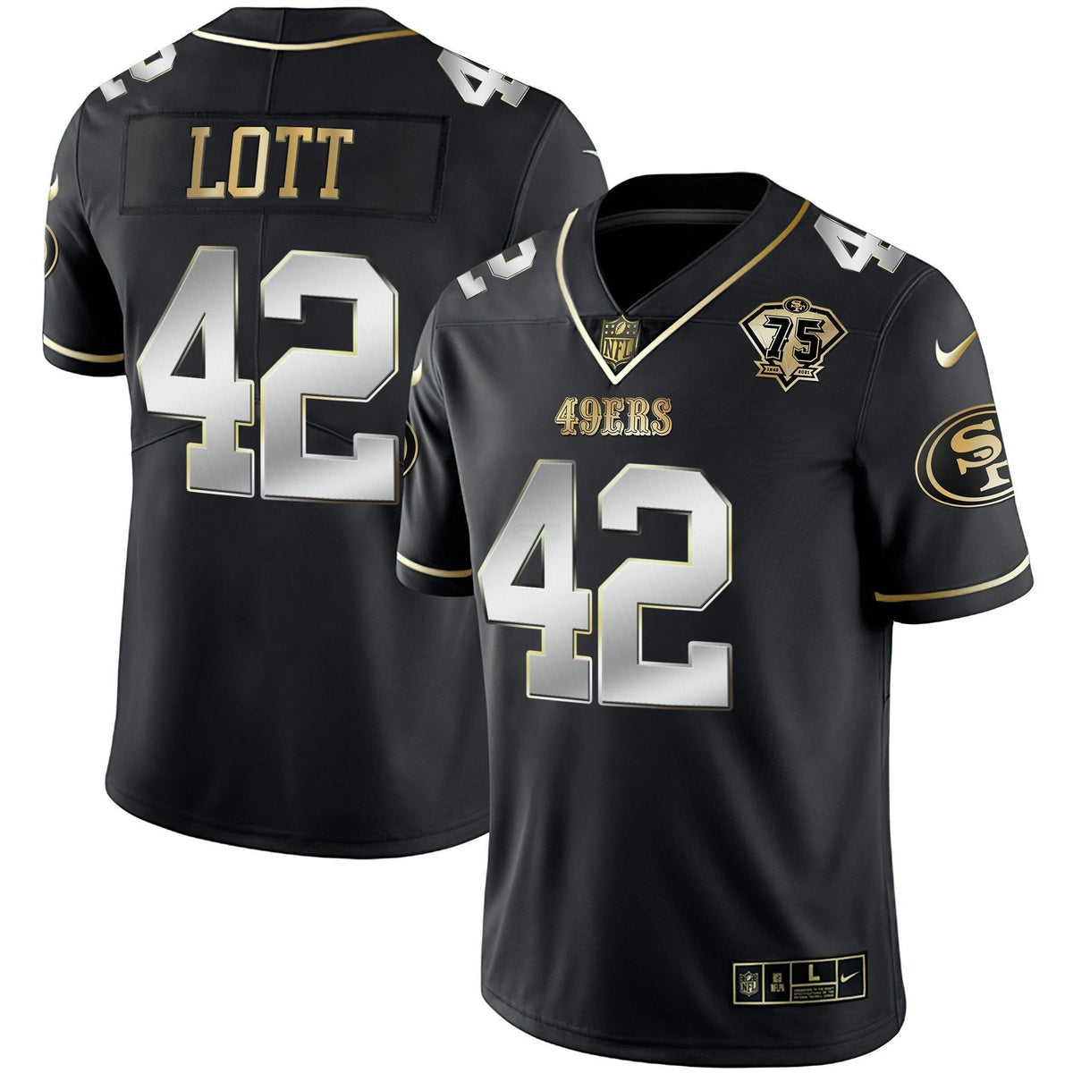 Jersey NFL Men’s Ronnie Lott 75th Anniversary Patch Vapor Black Red Gold Limited