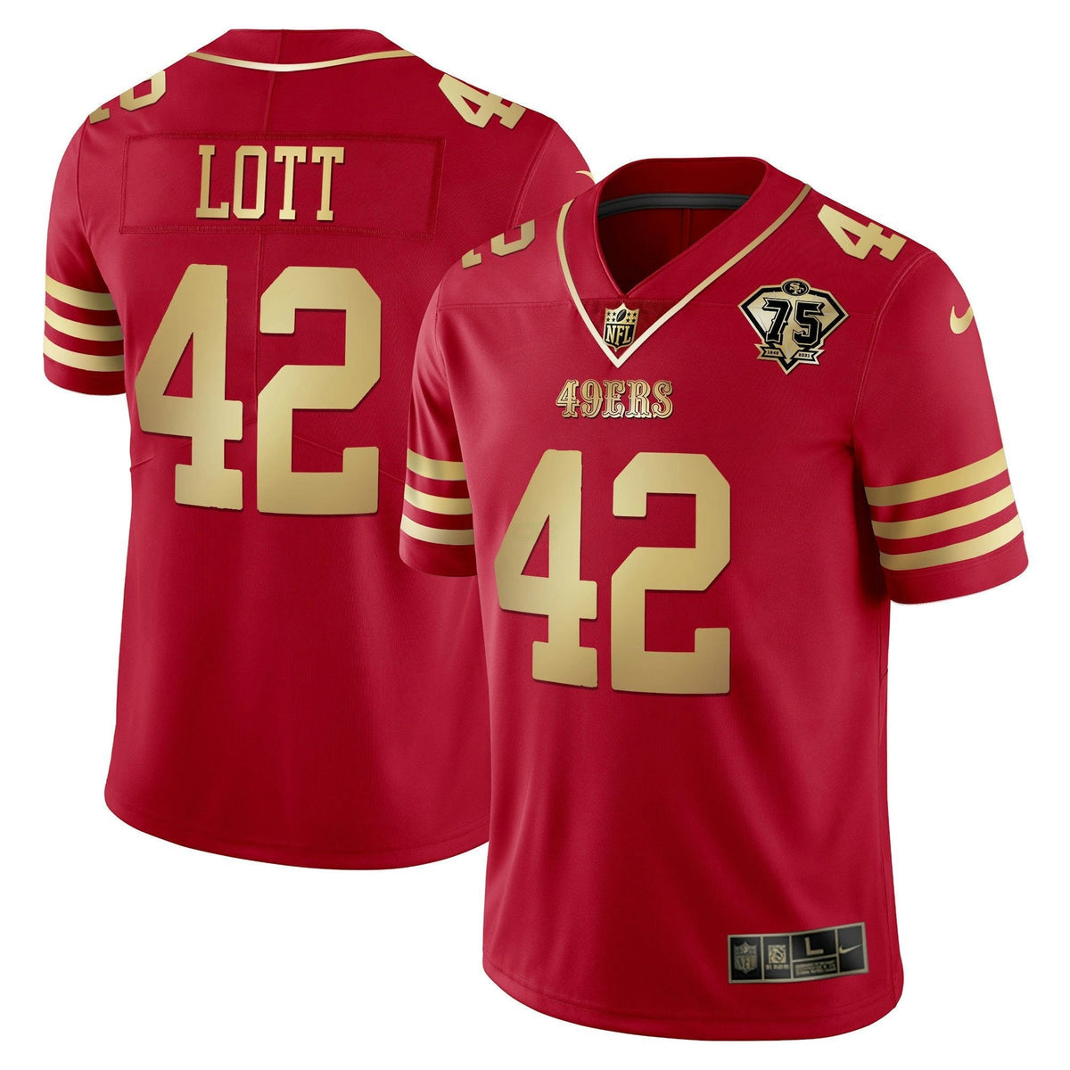 Jersey NFL Men’s Ronnie Lott 75th Anniversary Patch Vapor Black Red Gold Limited
