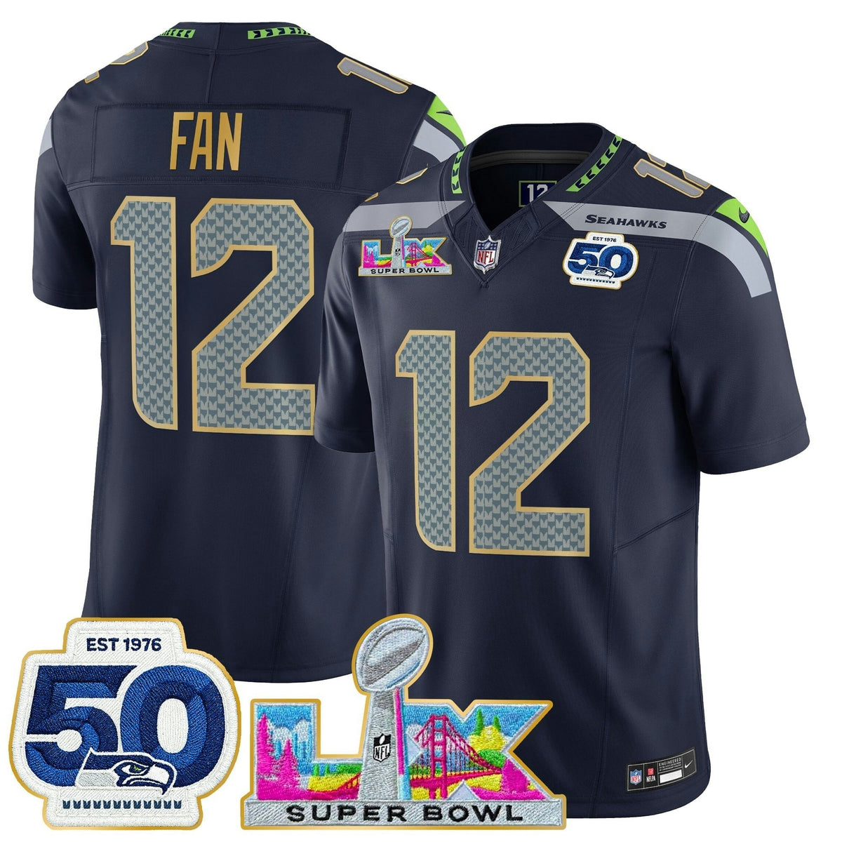 NFL Men’s Seattle “Super Bowl LX & 50th Patch” Gold Trim Vapor Limited Jersey