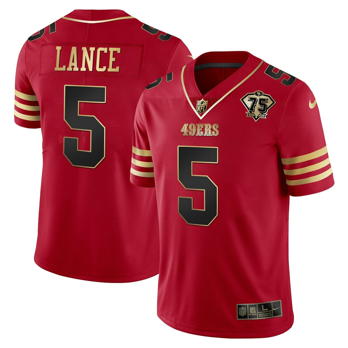 Jersey NFL Men’s Trey Lance 75th Anniversary Patch Vapor Black Red Gold Limited