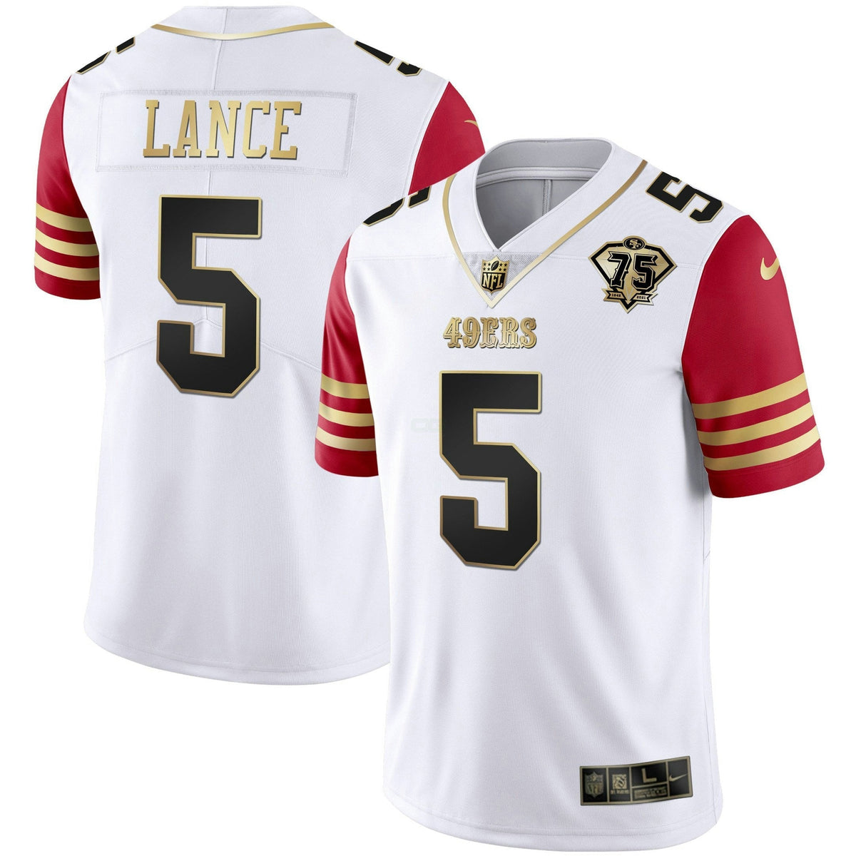 Jersey NFL Men’s Trey Lance 75th Anniversary Patch Vapor Black Red Gold Limited