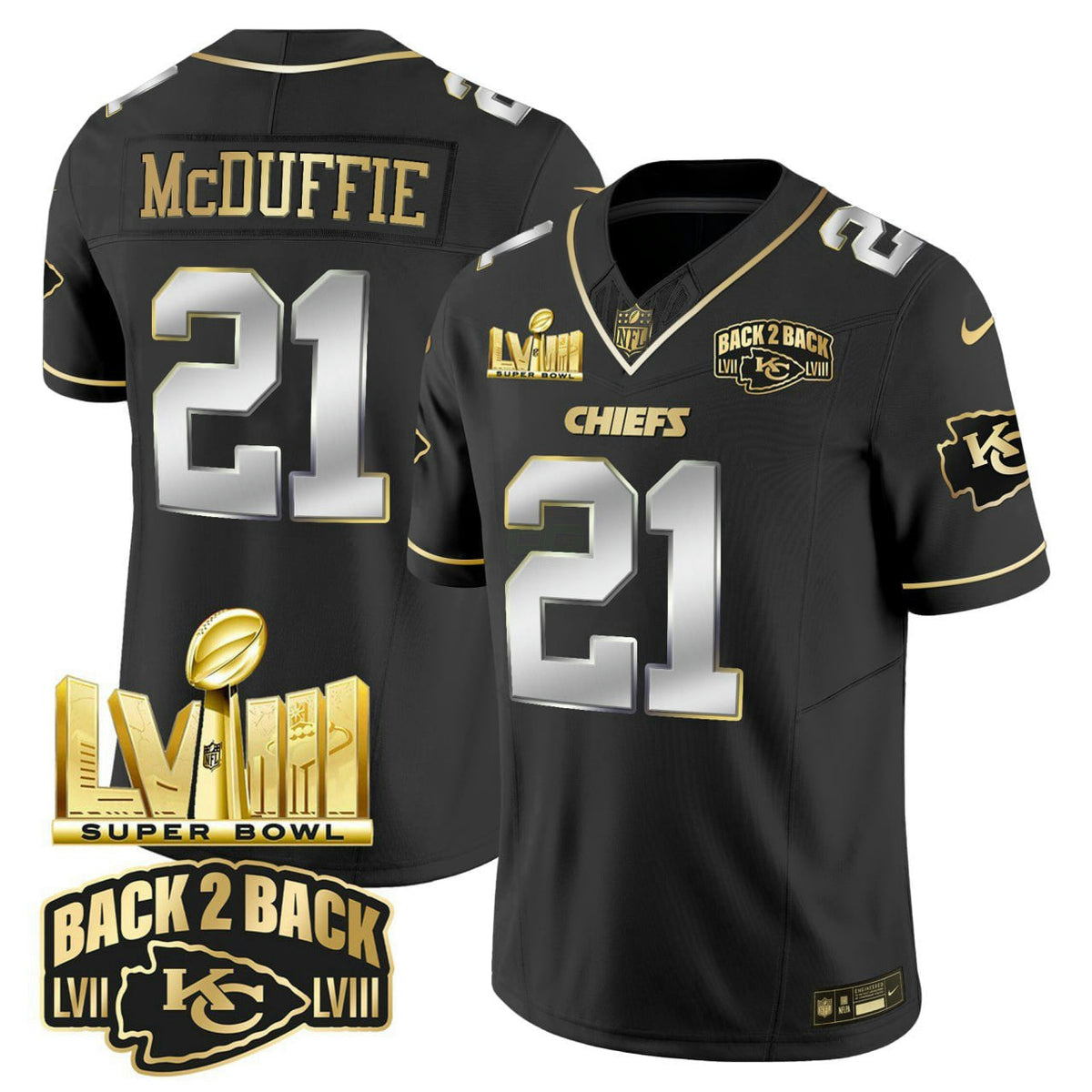 NFL Trent McDuffie Super Bowl LVIII & Back 2 Back Gold Patch Black Limited Vapor Jersey V2 - Trent McDuffie