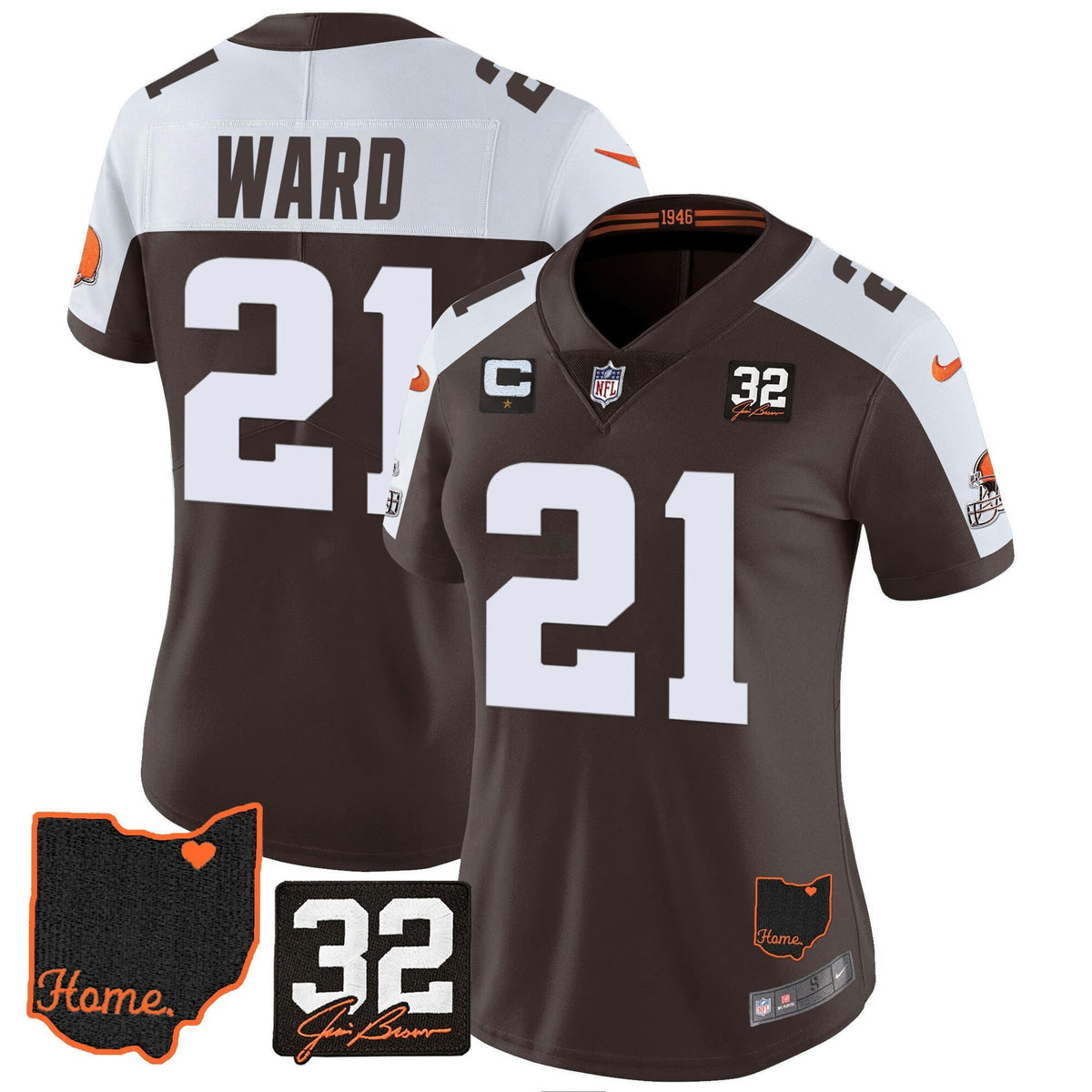NFL Women’s #32 Jim Brown Memorial & Home Patch Jersey V3
