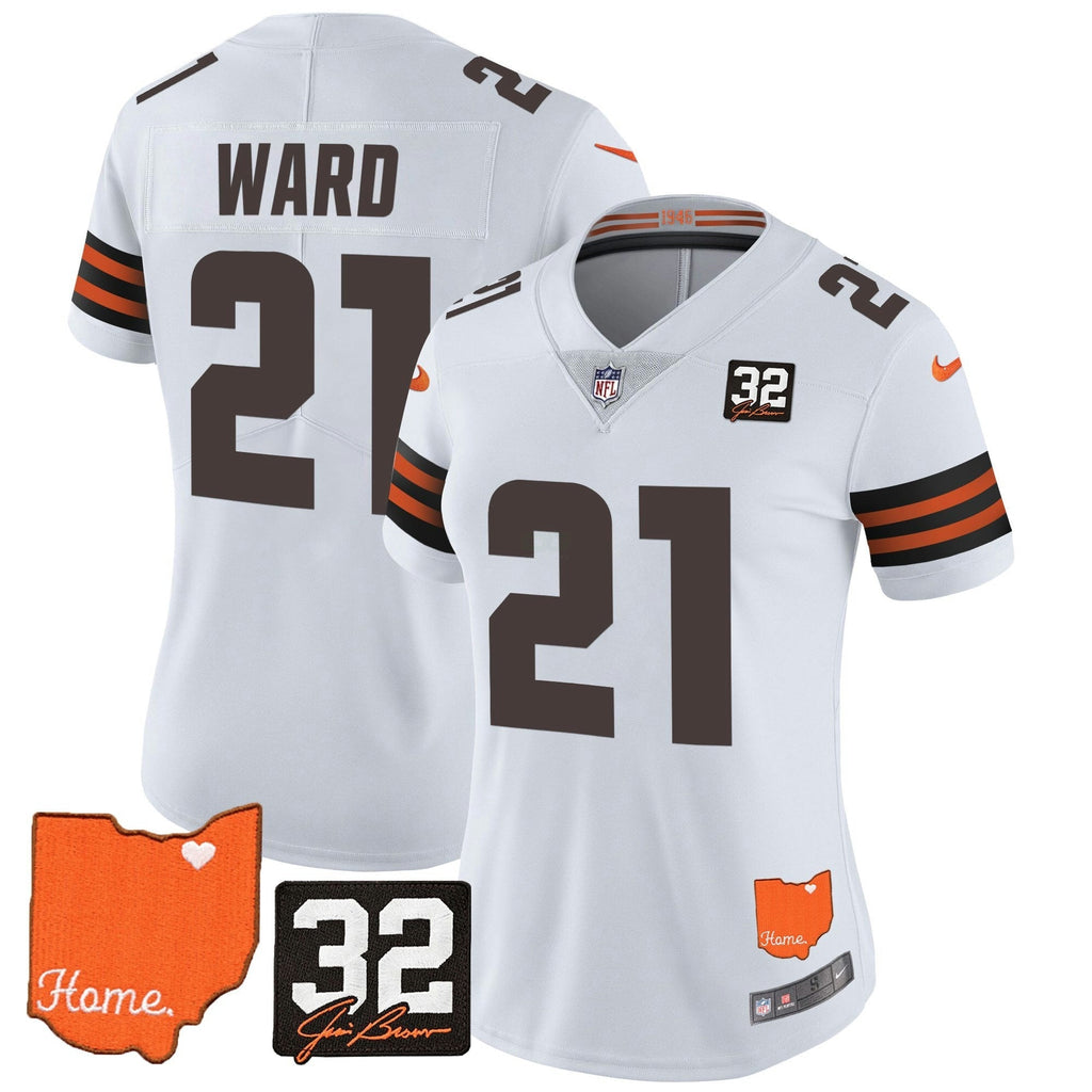 NFL Women’s #32 Jim Brown Memorial & Home Patch Vapor Limited Jersey