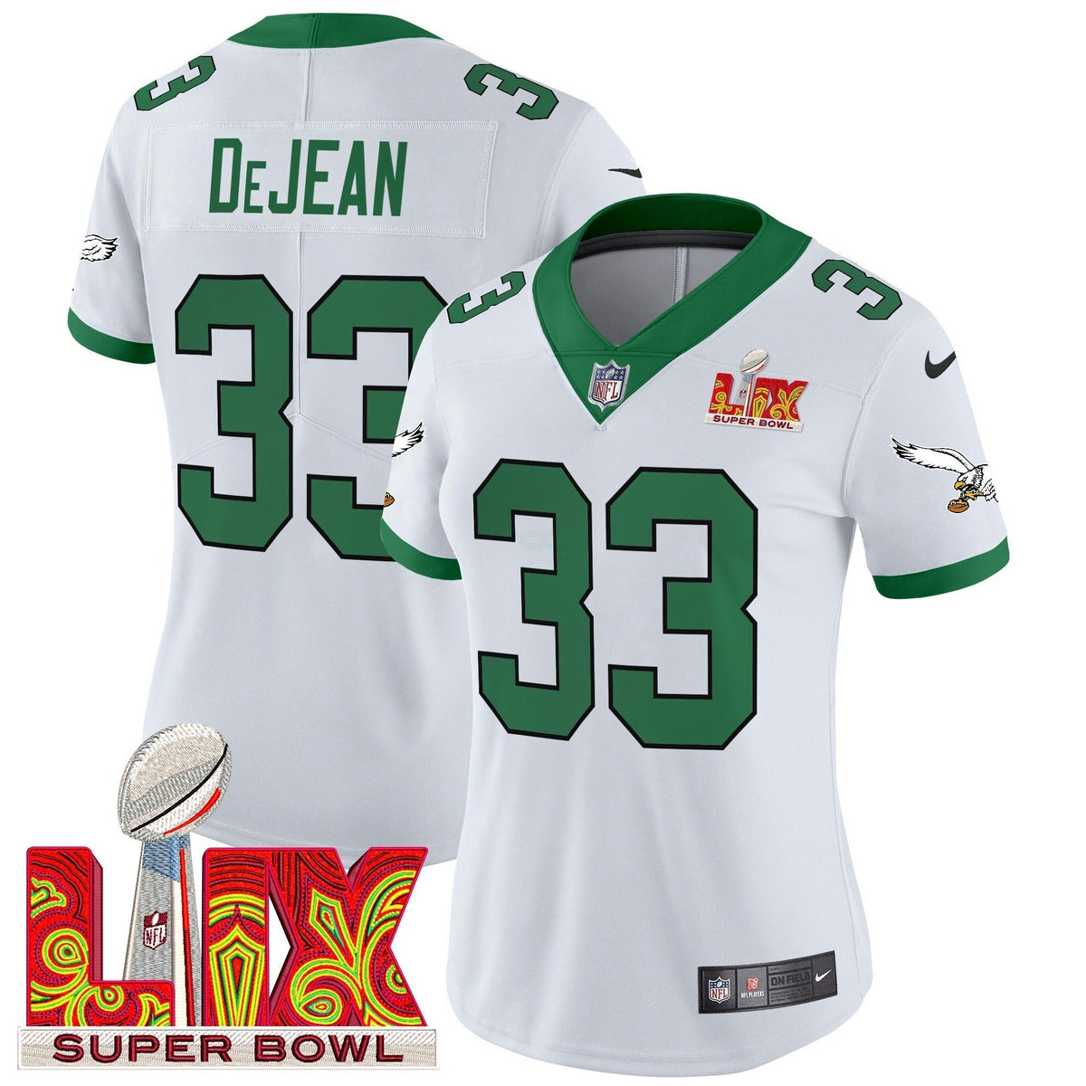 NFL Women’s Philadelphia Kelly Green Super Bowl LIX Patch Vapor Limited Jersey